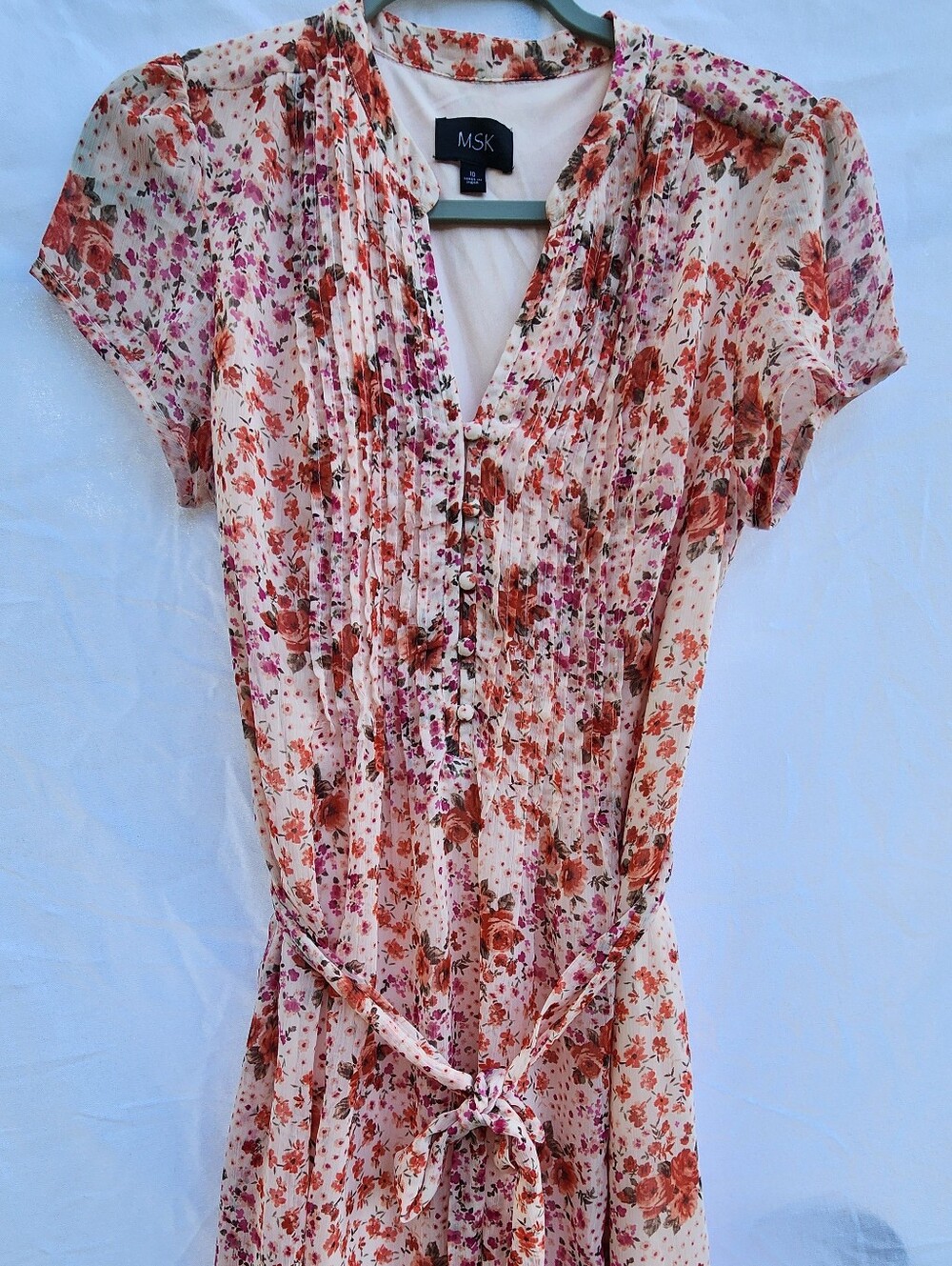 MSK Cream Floral Pintuck Tie-Waist Dress